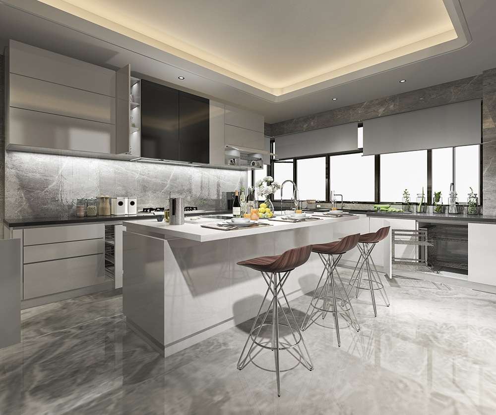 3D Design - kitchen in grey tones with 3 bar seats at an island
